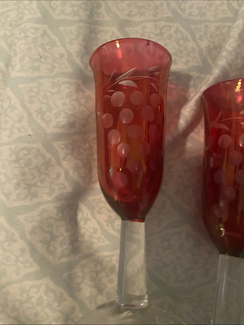 Set of 6 vintage Ruby flash Etched cordial glasses
